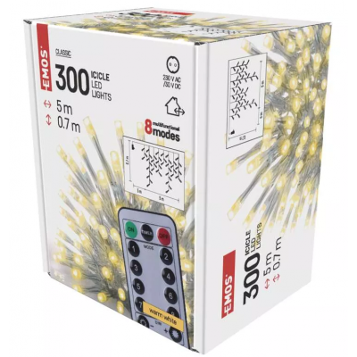 Lampki choinkowe sople 300LED 5m ciepła biel timer pilot EMOS (D4CW02)